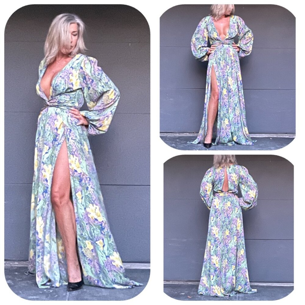 NWOT Lilly's Kloset Floral Deep V neck keyhole back JLO wibe maxi dress S